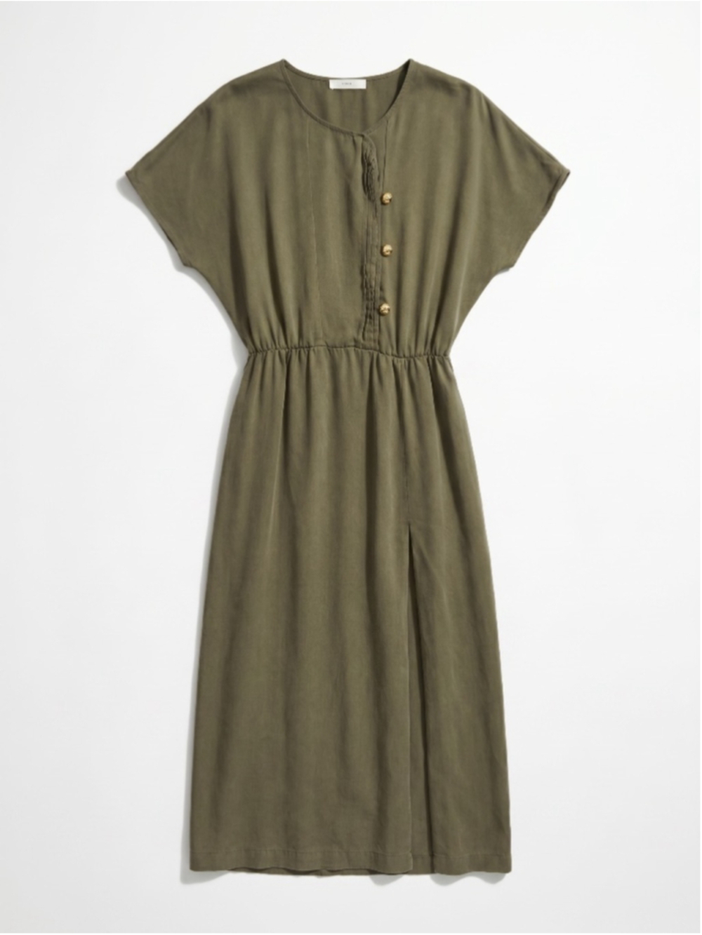 ROMAN Khaki Green Tencel Maxi Dress Gold Button Detail Casual Minimalist, Sz 6